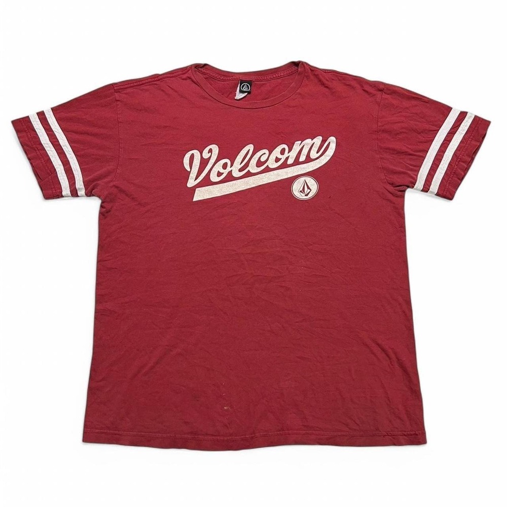 Volcom T-Shirt Kids XL Red Vintage Y2K Graphic Logo Stripe Sleeve Skate Tee